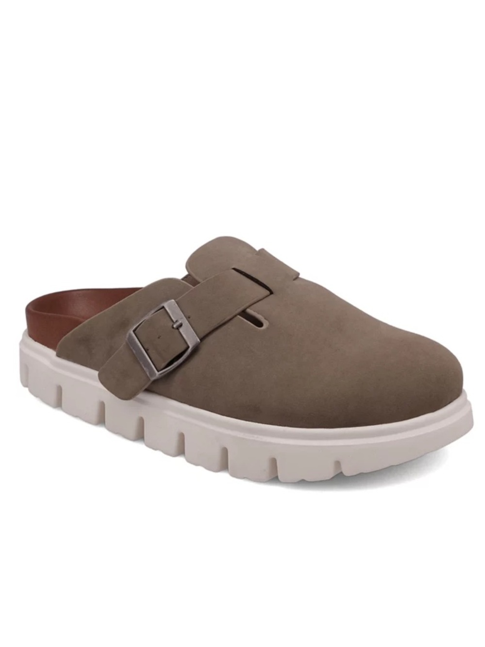 MIA Geneva Platform Clogs Taupe Slip On Buckle Loafer White Sole Burnished Suede